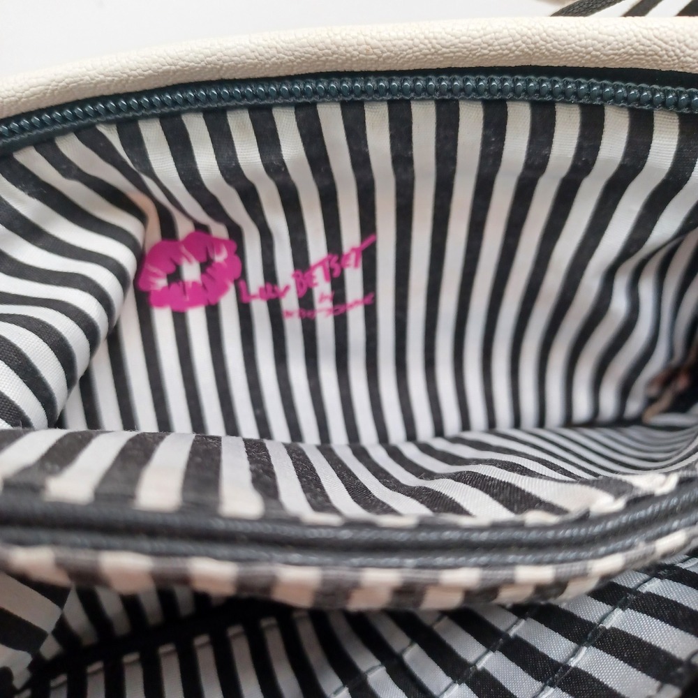 Luv Betsey by Betsey Johnson Striped Glitter Wristlet Pouch Black Gold Cream - Picture 5 of 13